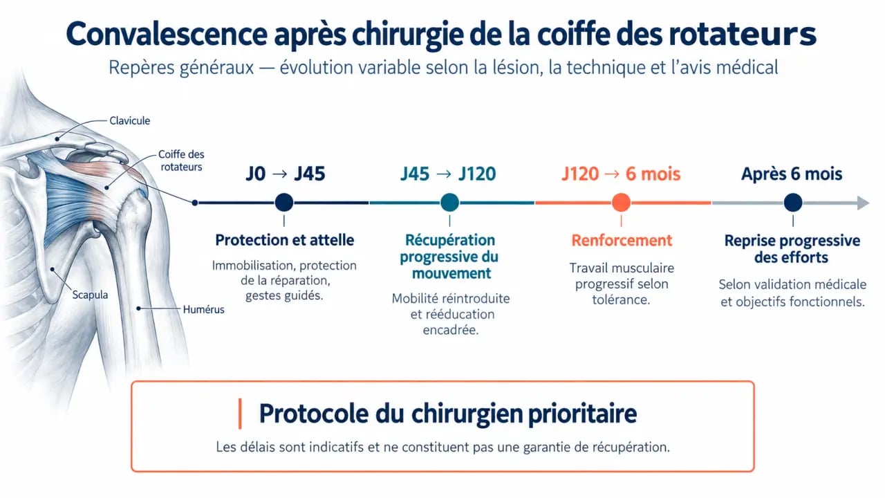 Frise de la convalescence après opération de la coiffe des rotateurs avec les étapes de récupération