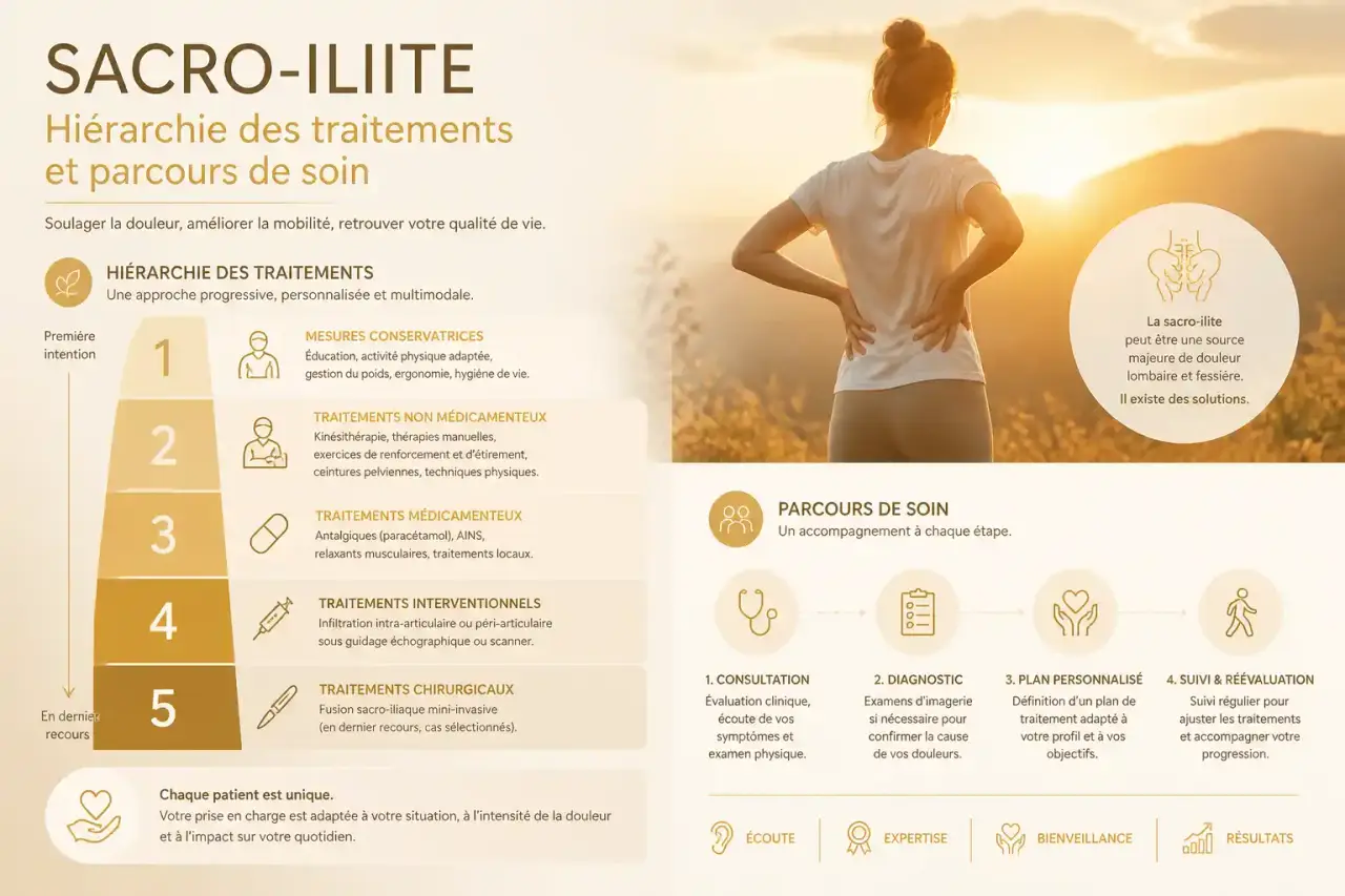Sacro-iliite : hiérarchie des traitements et parcours de soin pour soulager la douleur