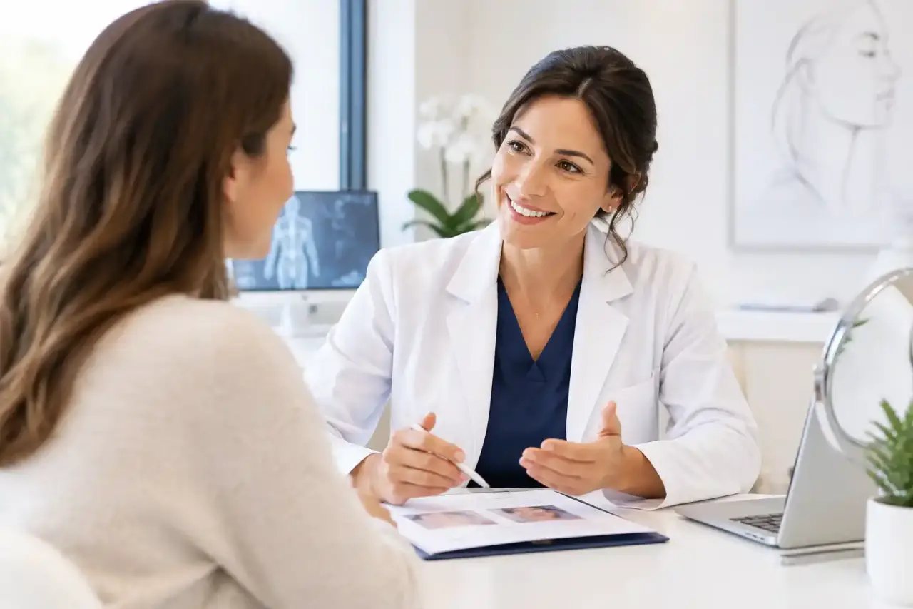 Échange entre une patiente et un professionnel de santé au sujet d’un projet de chirurgie esthétique