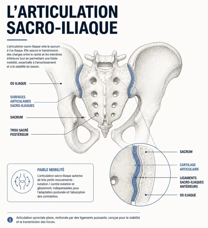 Schéma anatomique de l'articulation sacro-iliaque pour comprendre le traitement de la sacro-iliite