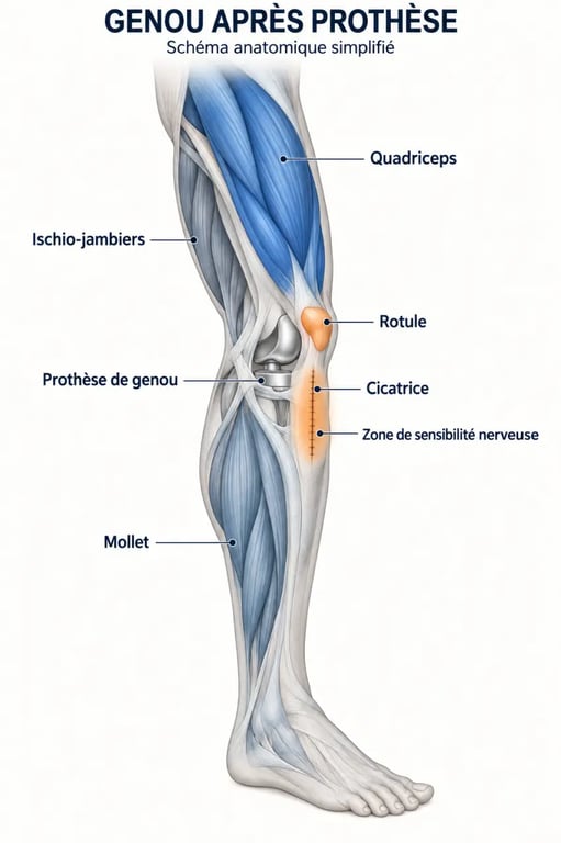 Douleurs musculaires après une prothèse du genou : zones du quadriceps, du mollet, de la rotule et de la cicatrice