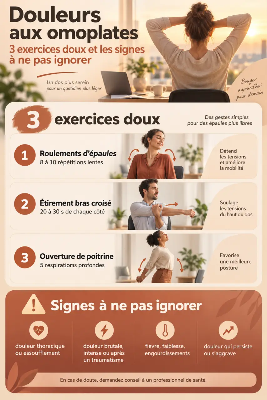 Douleurs aux omoplates : 3 exercices doux et les signes à ne pas ignorer