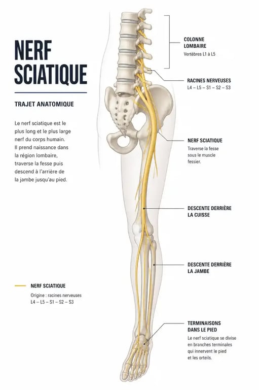 Schéma anatomique du nerf sciatique pour comprendre le mal de dos qui descend dans la jambe gauche
