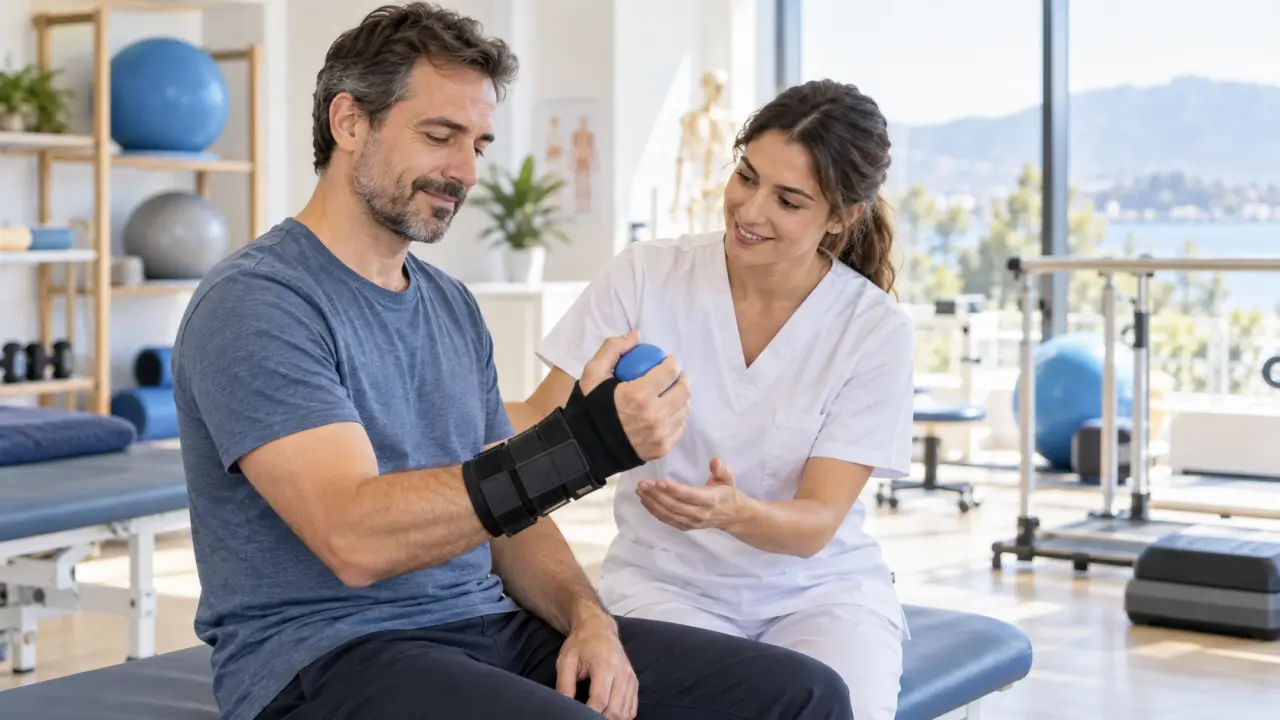 Patient accompagné par un professionnel lors d'une séance de rééducation du poignet