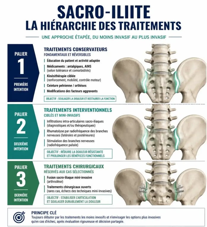 Hiérarchie des traitements de la sacro-iliite du conservateur au chirurgical