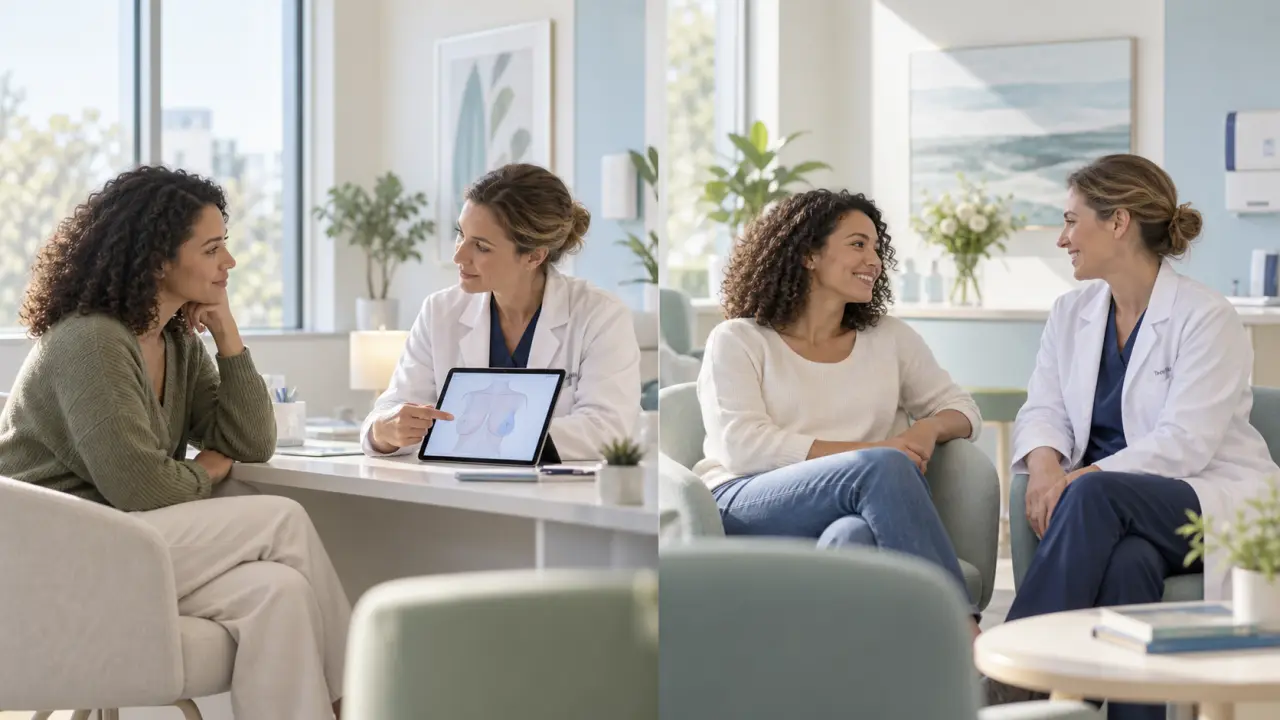 Échange entre une patiente et un professionnel de santé au sujet d'une chirurgie réparatrice