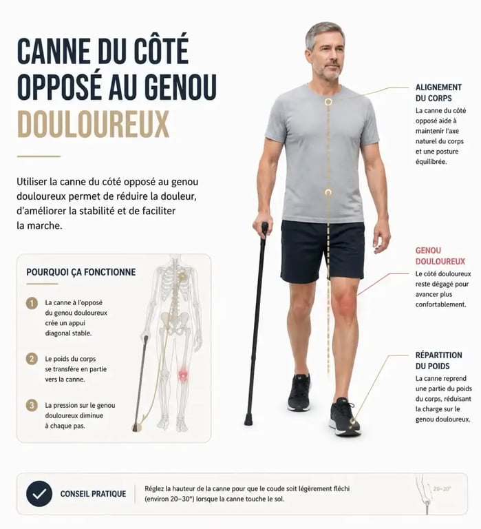 Schéma illustrant la bonne posture de marche avec une canne pour soulager l'arthrose du genou