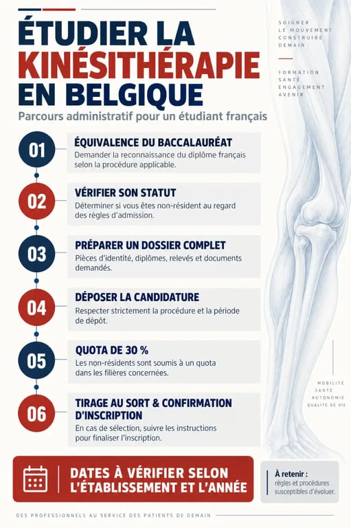 Infographie sur les démarches pour étudier la kinésithérapie en Belgique avec équivalence, quota et tirage au sort