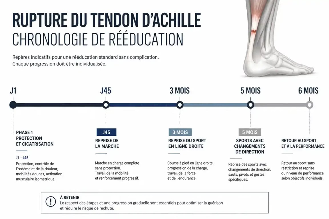 Frise chronologique du nombre de séances de kiné pour rupture du tendon d'Achille de J1 à 6 mois