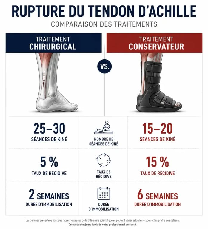 Comparatif séances de kiné traitement chirurgical vs conservateur rupture tendon d'Achille