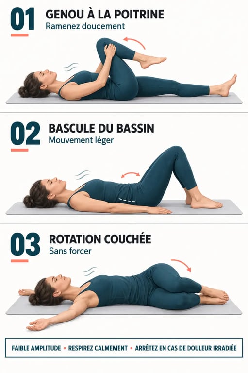 Illustration des trois mouvements doux d'étirement lombaire au sol