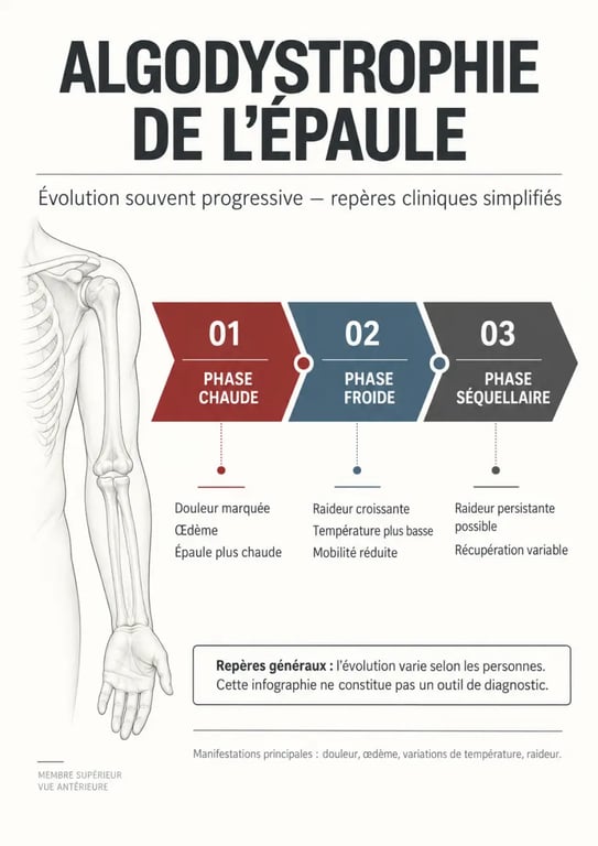 Infographie sur l’algodystrophie de l’épaule et les phases chaude, froide et séquellaire